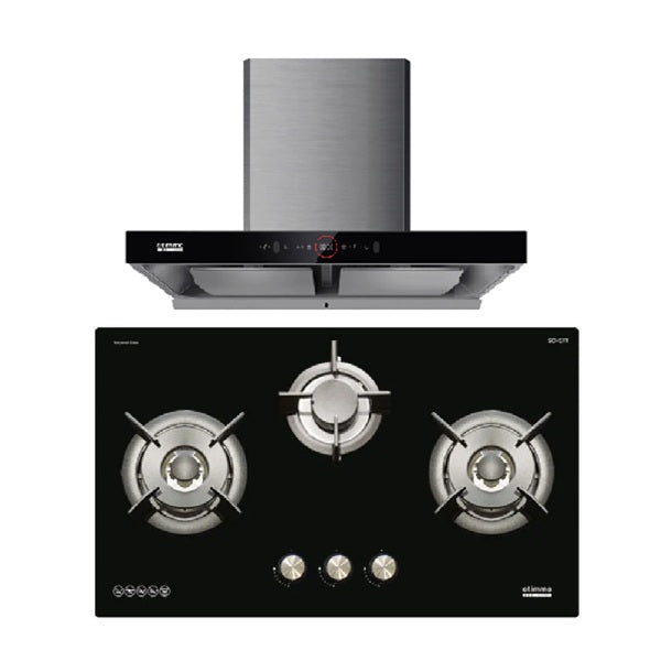 EuropAce ECH9208EBK 90cm 2000m3/h T-Shaped Chimney Hood + Europace EBH6381S LPG/TG  80cm Built-In Gas Hob (3burner)