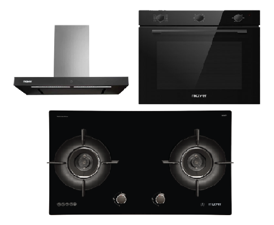 Mayer MMGH892HE 86cm 2 Burner Gas Hob + MMBCH900I Chimney Hood + MMDO8R 60 cm Built-in Oven with Smoke Ventilation