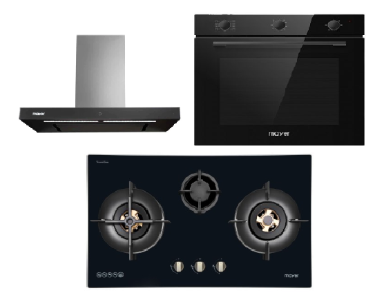 Mayer MMGH7731HI 76cm 3 Burner Glass Gas Hob + MMBCH900I Chimney Hood + MMDO8R 60 cm Built-in Oven with Smoke Ventilation