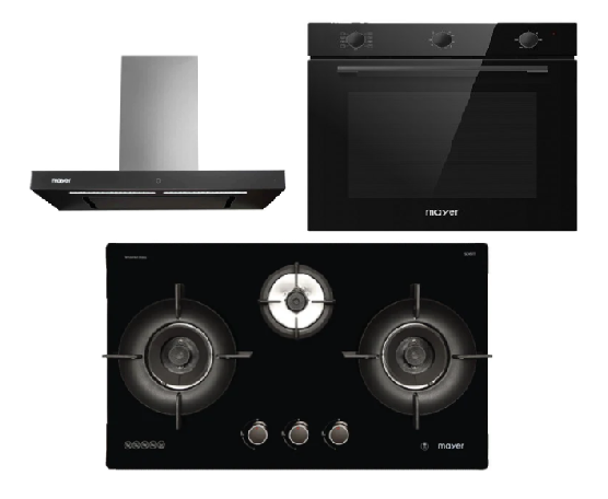 Mayer MMGH793HE 76cm 3 Burner Gas Hob + MMBCH900I Chimney Hood + MMDO8R 60 cm Built-in Oven with Smoke Ventilation