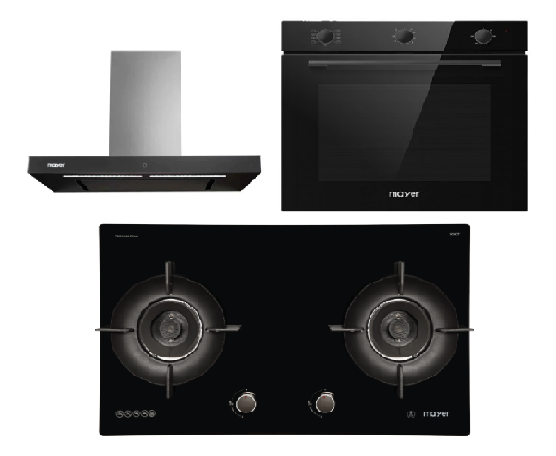 Mayer MMGH792HE 76cm 2 Burner Glass Gas Hob + MMBCH900I Chimney Hood + MMDO8R 60 cm Built-in Oven with Smoke Ventilation