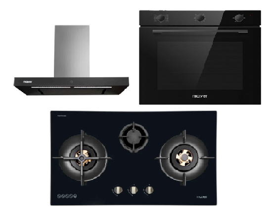 Mayer MMGH8831HI 86cm 3 Burner Glass Gas Hob +  MMBCH900I Chimney Hood + MMDO8R 60 cm Built-in Oven with Smoke Ventilation