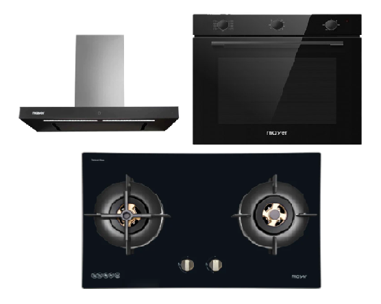 Mayer MMGH8821HI 86cm 2 Burner Glass Gas Hob + MMBCH900I Chimney Hood + MMDO8R 60 cm Built-in Oven with Smoke Ventilation