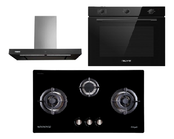 Mayer MMGH883/SS883 86cm 3 Burner Stainless Steel Gas Hob + MMBCH900I Chimney Hood + MMDO8R 60 cm Built-in Oven with Smoke Ventilation
