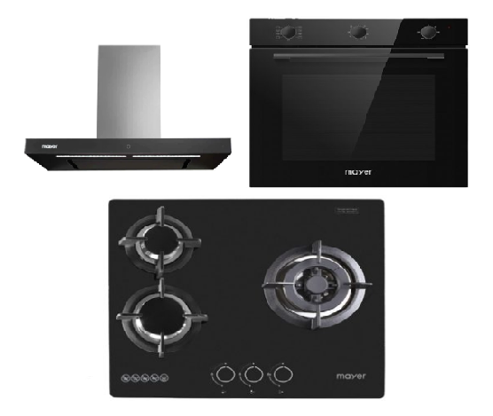 Mayer MMGH883/SS883 86cm 3 Burner Stainless Steel Gas Hob + MMBCH900I Chimney Hood + MMDO8R 60 cm Built-in Oven with Smoke Ventilation