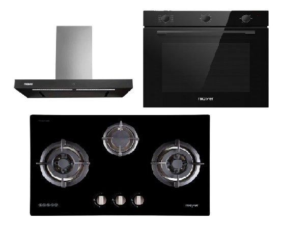 Mayer MMGH772/SS772 Built-In Gas Hob + MMBCH900I Chimney Hood + MMDO8R 60 cm Built-in Oven with Smoke Ventilation