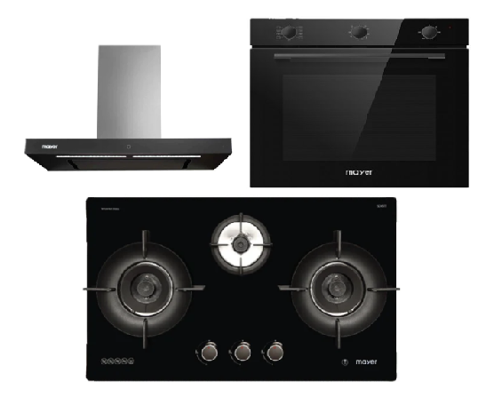Mayer MMGH893HE 86cm 3 Burner Gas Hob + MMBCH900I Chimney Hood + MMDO8R 60 cm Built-in Oven with Smoke Ventilation
