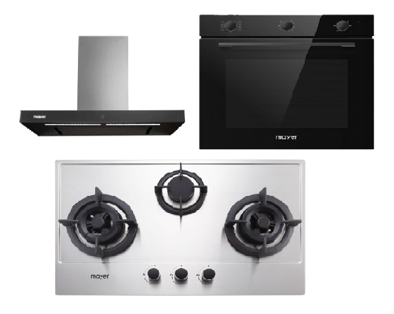Mayer MMGH772/SS772 Built-In Gas Hob + MMBCH900I Chimney Hood + MMDO8R 60 cm Built-in Oven with Smoke Ventilation