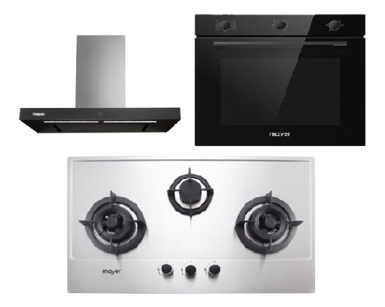 Mayer MMGH883/SS883 86cm 3 Burner Stainless Steel Gas Hob + MMBCH900I Chimney Hood + MMDO8R 60 cm Built-in Oven with Smoke Ventilation