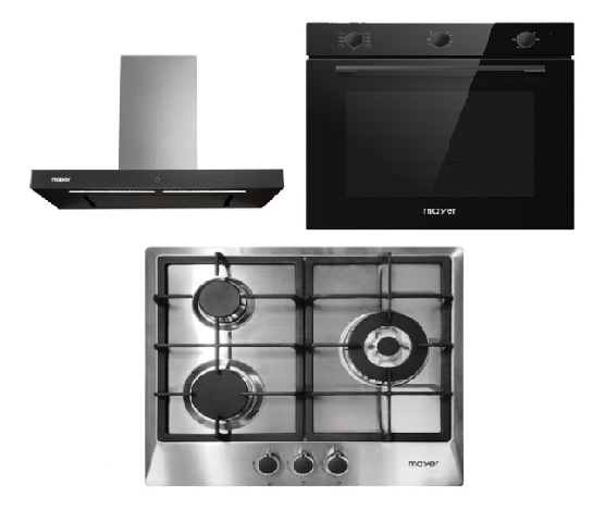 Mayer MMGH883/SS883 86cm 3 Burner Stainless Steel Gas Hob + MMBCH900I Chimney Hood + MMDO8R 60 cm Built-in Oven with Smoke Ventilation