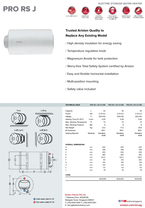 Ariston PRO RS J Series Storage Water Heater