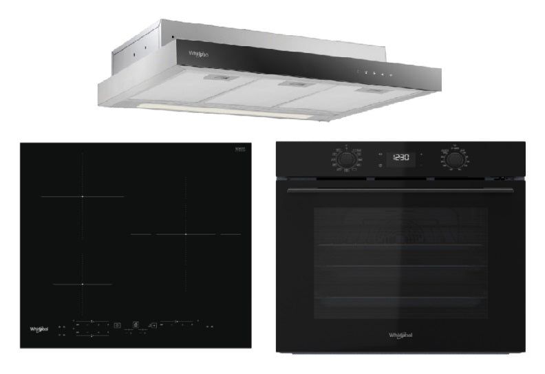 Whirlpool WCO9FTS 90cm Compact Hood + WSB2360BFP 60cm Built-in Induction Hob + W4 OMK58RU1BA 60cm W COLLECTION Multifunction Oven with Flexi Cleaning