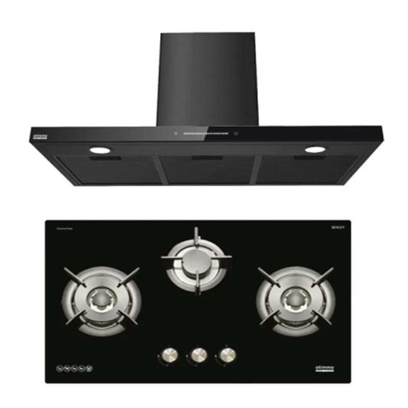 Europace ECH9128A 90cm Premium T-Chimney Hood Full + EBH6381S 3 Burner 80cm Slim Gas Cooker Hob (Schott Glass)