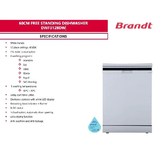 Brandt DWF3128DW 60cm 12 Place Settings White Free Standing Dishwasher