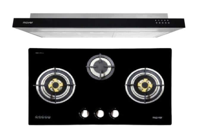 Mayer MMSI900HS-BK/SL 90cm Semi-integrated Hood + MMGH883HI  86 cm 3 Burner Glass Gas Hob