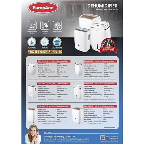 Europace EDH6251S 25L Dehumidifier w/ Air-Purifier w/ Laundry Mode