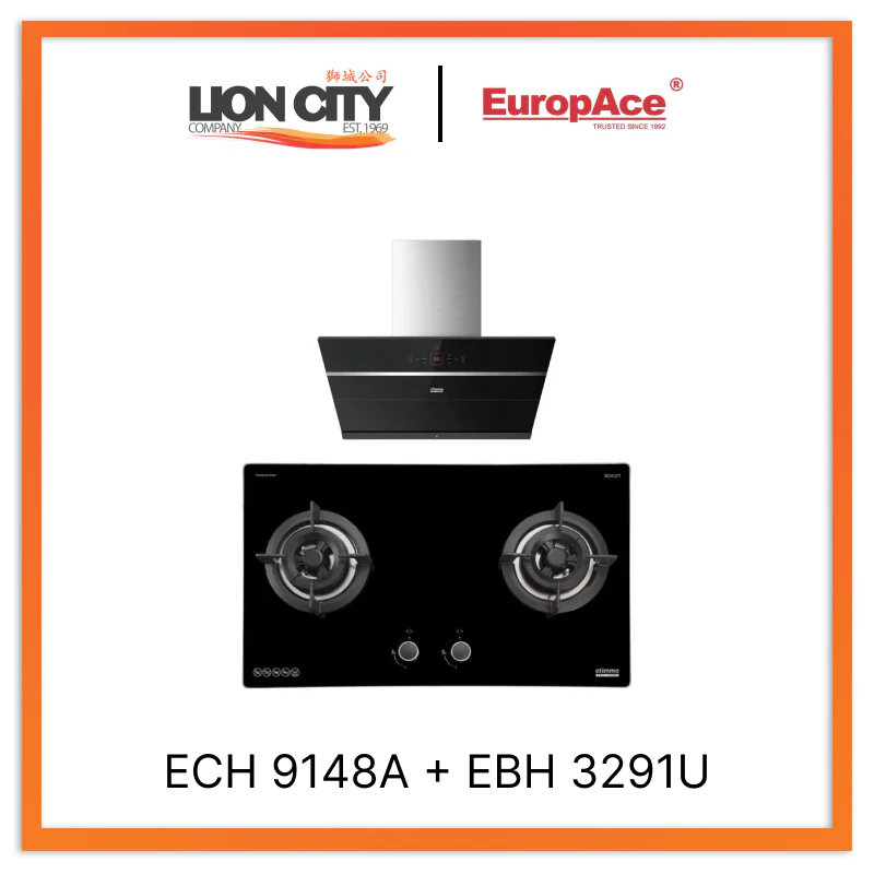 Europace ECH9148A 90cm Premium Inclined Hood + EBH3291U OTIMMO 2 Burner 90CM Stainless Steel Built-in Gas HOB