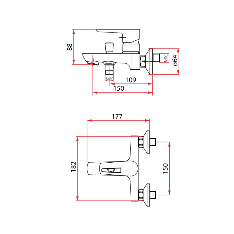Rubine Bath Mixer Matt Black Stylo 9161 BK Hot and Cold