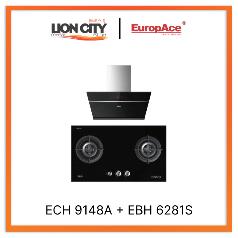 Europace ECH9148A 90cm Premium Inclined Hood + EBH6281S 2 Burner 80cm Slim Gas Cooker Hob (Schott Glass)