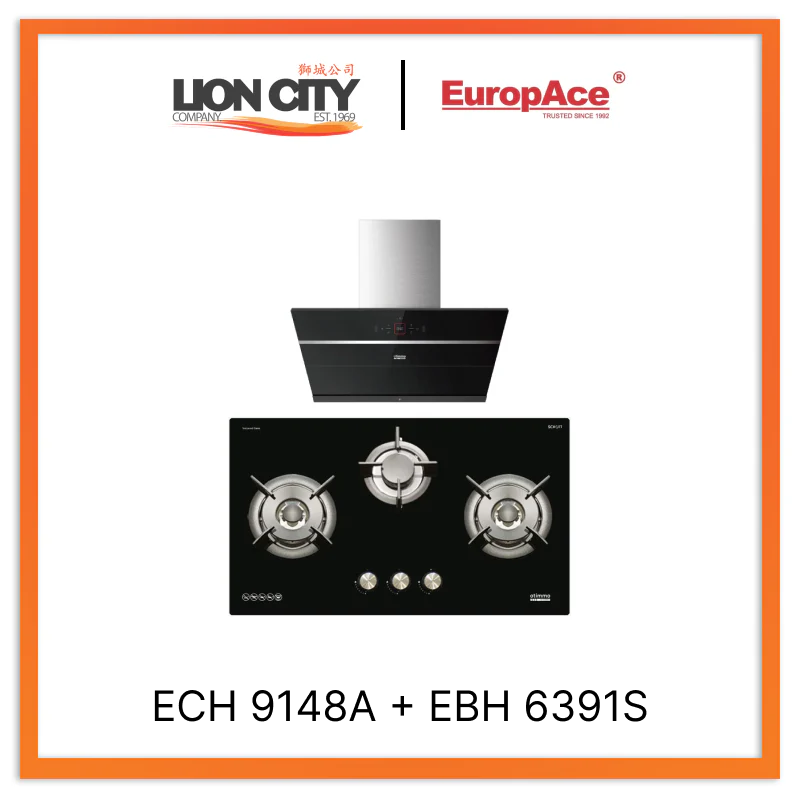 Europace ECH9148A 90cm Premium Inclined Hood + EBH 6391S 3 Burner 90cm Gas Cooker Hob (Schott Glass)