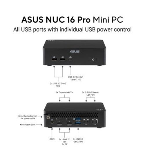 ASUS RNUC16GDKX96C4N3 NUC 16 PRO Intel System 90AS00Q1-M00140 Mini PC Intel Ultra x9 388H LPDDR5 32GB 1TB Win 11 Pro