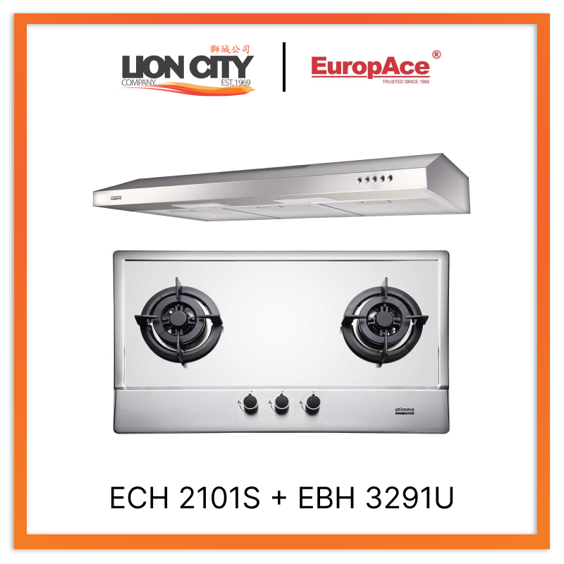 Europace ECH2101S 90cm S/Steel Slim Hood + EBH3291U Otimmo 2 Burner 90cm Stainless Steel Hob