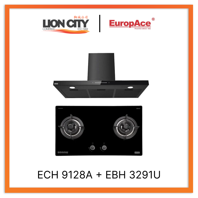 Europace ECH9128A 90cm Premium T-Chimney Hood Full + EBH3291U OTIMMO 2 Burner 90CM Stainless Steel Built-in Gas HOB