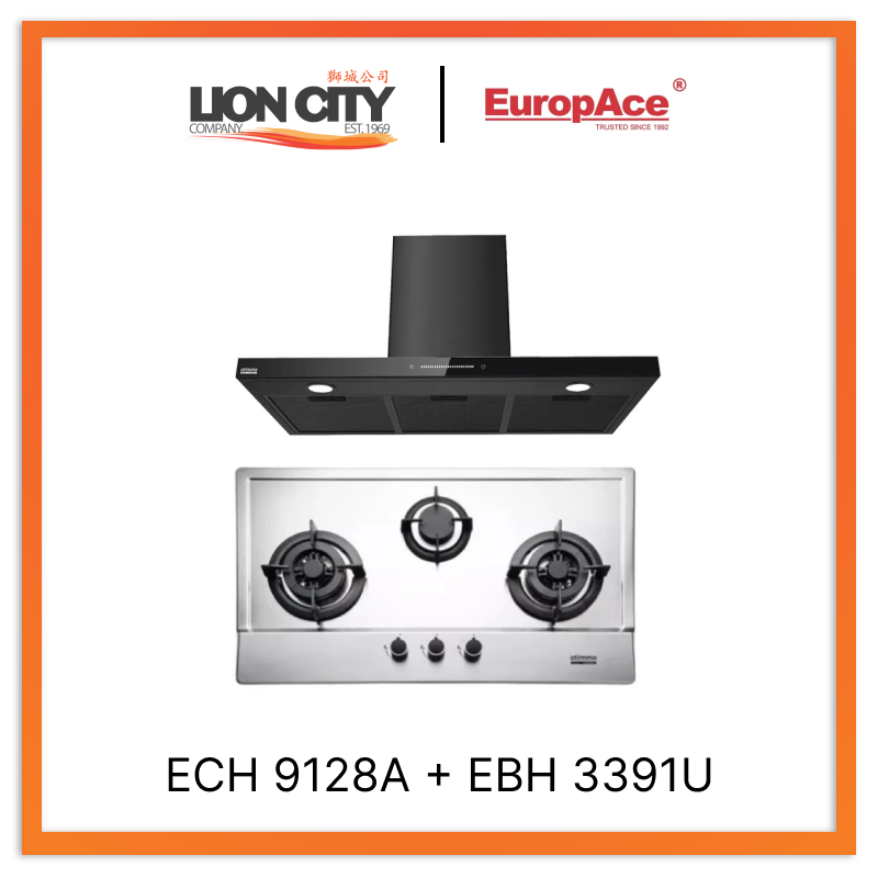 Europace ECH9128A 90cm Premium T-Chimney Hood Full + EBH3391U Otimmo 3 Burner 90cm Slim Built-in Gas Hob Cooker  (Stainless Steel)