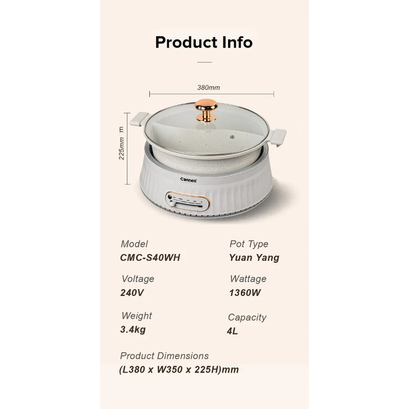 Cornell 1360W 4.0L Steamboat Multi Cooker with Yuan Yang Pot