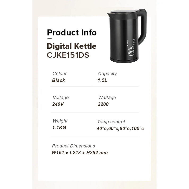 Cornell Digital Cordless Kettle with Stainless Steel Interior
