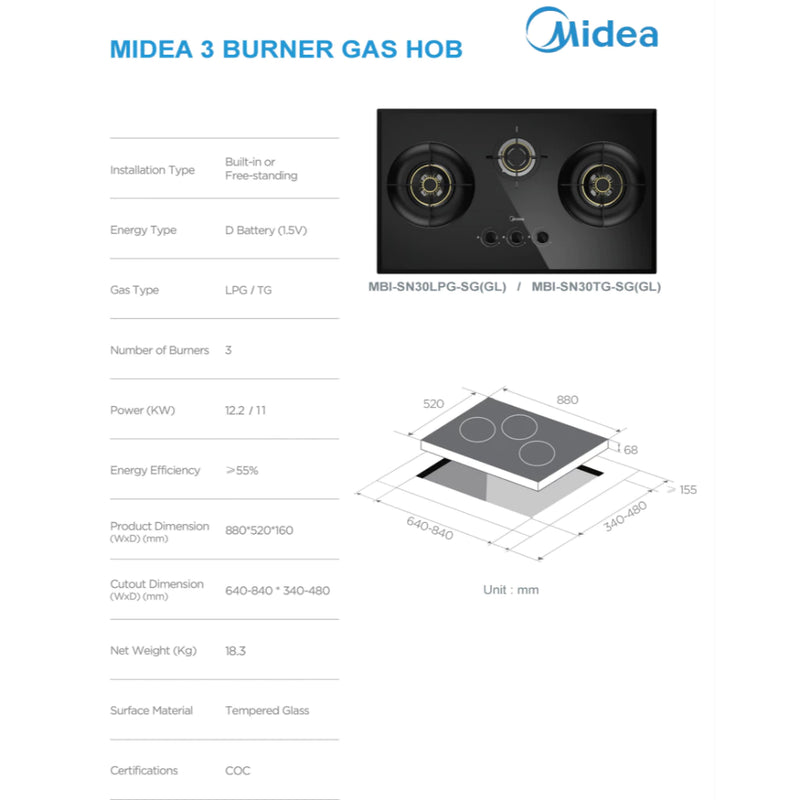 Midea (3 IN 1 Bundle Deal) Built-in Hob MBI-SN30-SG(GL) + Hood MBI-90F26-SG + Oven MBI-65M40-SG