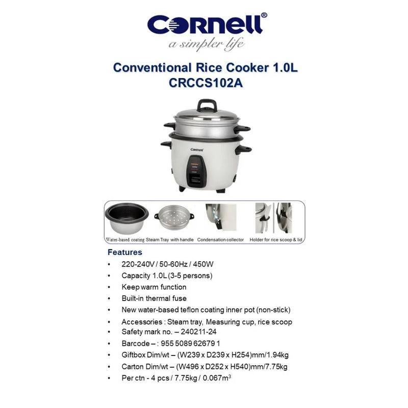 Cornell Rice Cooker with Food Steamer Tray