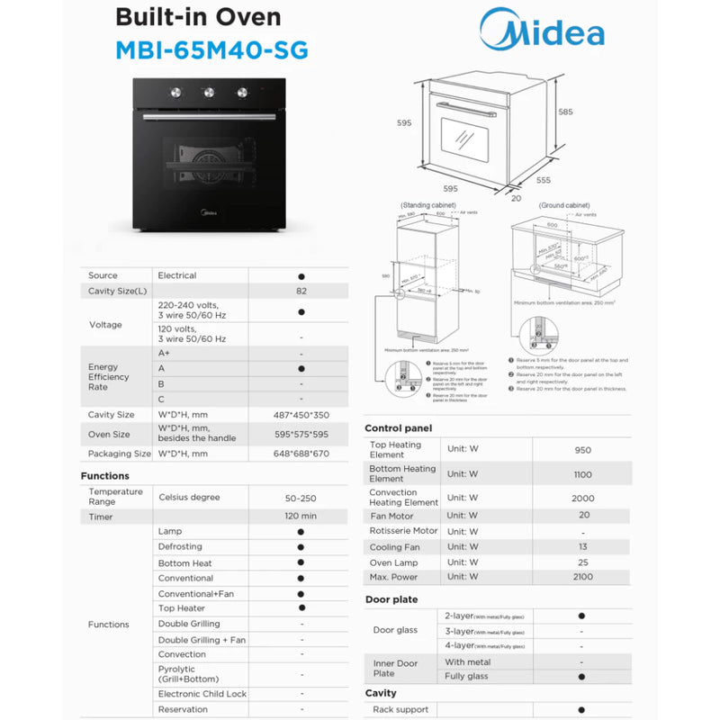 Midea (3 IN 1 Bundle Deal) Built-in Hob MBI-SN30-SG(GL) + Hood MBI-90F26-SG + Oven MBI-65M40-SG
