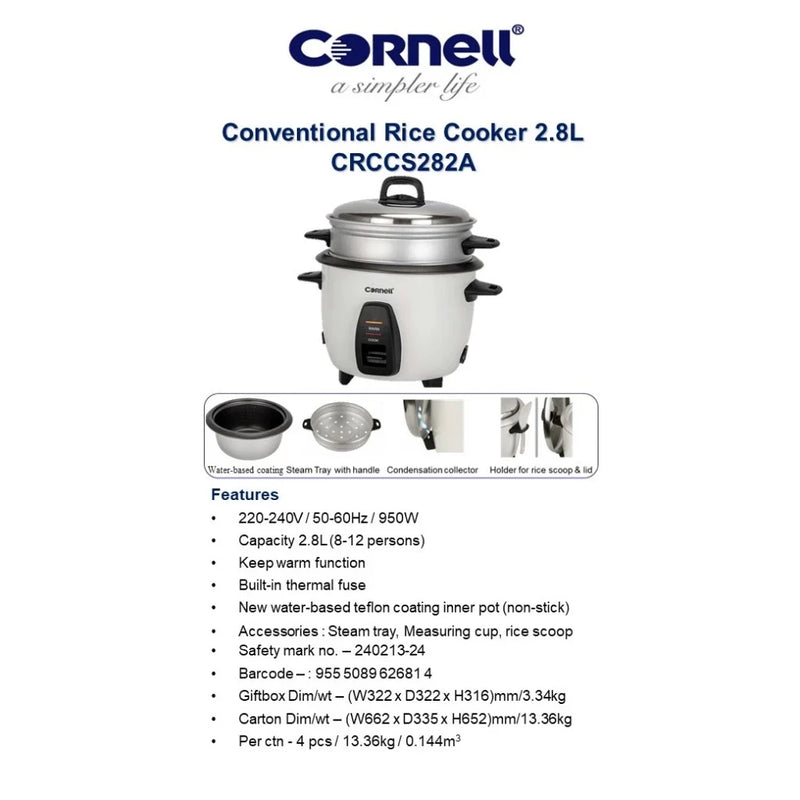 Cornell Rice Cooker with Food Steamer Tray