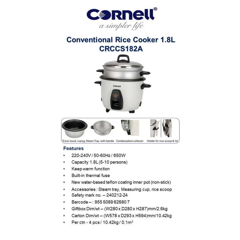 Cornell Rice Cooker with Food Steamer Tray