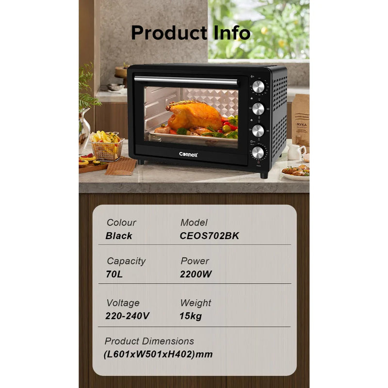 Cornell 2200W 70L Convection Electric Oven with Rotisserie CEOS702BK