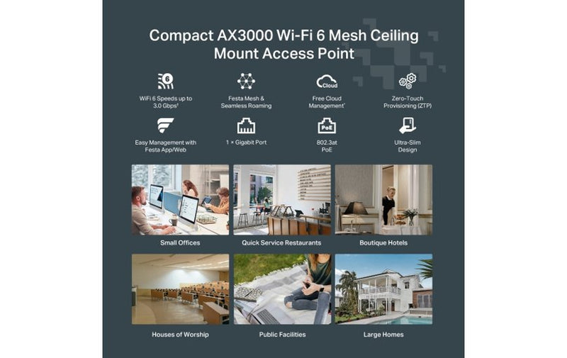TP-Link AX3000 Ceiling Mount Dual-Band Wi-Fi 6 Access Point Festa F65