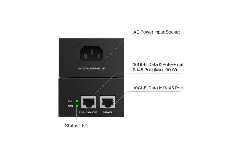 TP-Link Omada PoE380S 10G PoE++ Injector Adapter Black