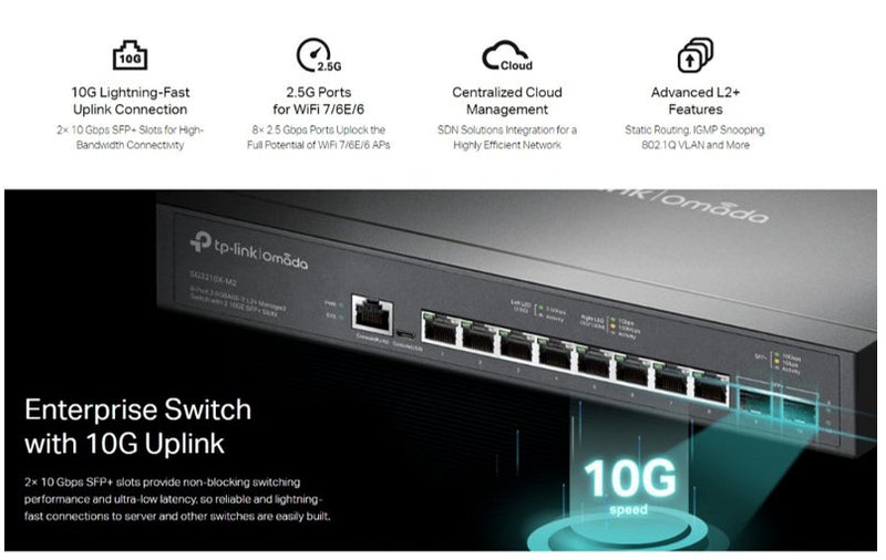 TP-Link Omada SG3210X-M2 8-Port 2.5G L2+ Managed Switch with 2×10G SFP+