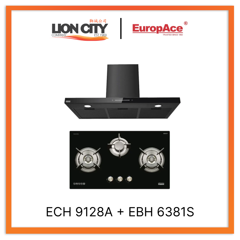 Europace ECH9128A 90cm Premium T-Chimney Hood Full + EBH6381S 3 Burner 80cm Slim Gas Cooker Hob (Schott Glass)