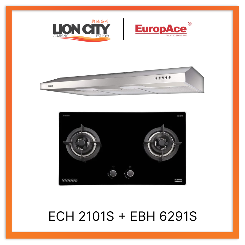 Europace ECH 2101S 90cm S/Steel Slim Hood + EBH 6291S 2 Burner 90cm Slim Hob (Schott Glass)