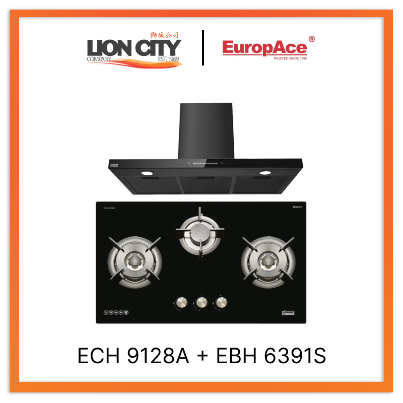 Europace ECH9128A 90cm Premium T-Chimney Hood Full + EBH 6391S 3 Burner 90cm Gas Cooker Hob (Schott Glass)