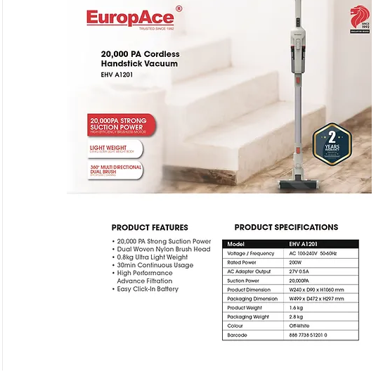 EuropAce EHV A1201 Handheld Vacuum Cleaner 20,000PA Suction Power