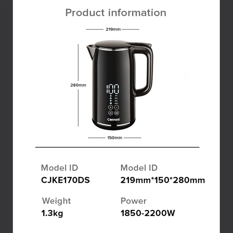 Cornell 1.7L Smart Digital Display Kettle, Cool Touch Body, Stainless Steel Interior CJKE170DS