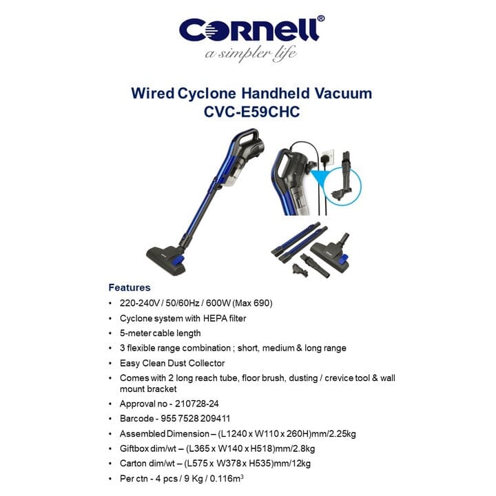 Cornell Cyclone Wired Handheld Vacuum Cleaner (CVCE59CHC)