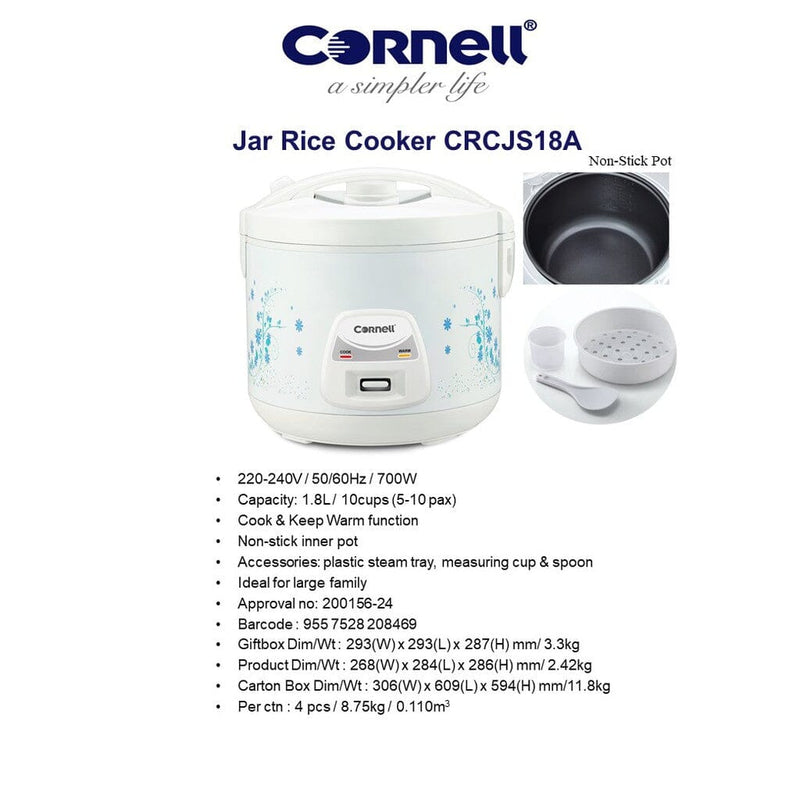 Cornell 1.8L Jar Rice Cooker CRCJS18A