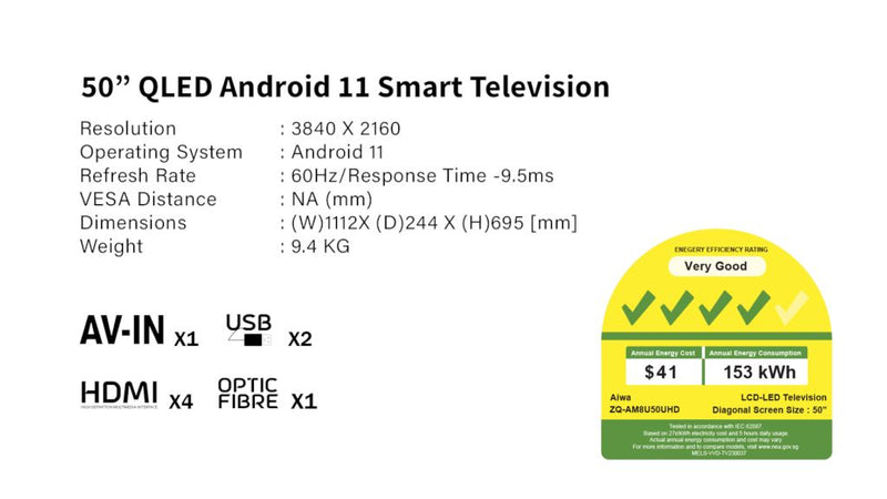 Aiwa ZQ-AM8U50UHD 50″ | 4K HDR | Android 11 Smart TV | Frameless TV | Ticks 4 | Q LED