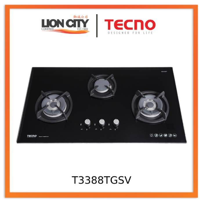 TECNO T3388TGSV 3-Burner 90cm Glass Cooker Hob with Inferno Wok Burner Technology