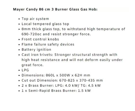 CANDY 86CM GLASS HOB 3 BURNERS