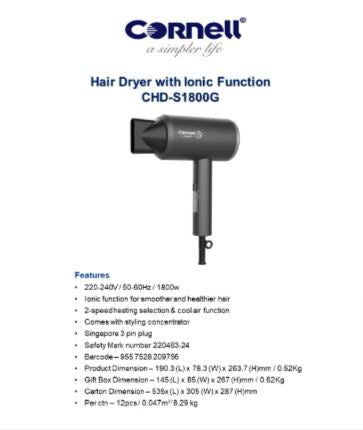 Cornell Hair Dryer 1800W, Ionic Hair Dryer with Styling Nozzle CHDS1800G